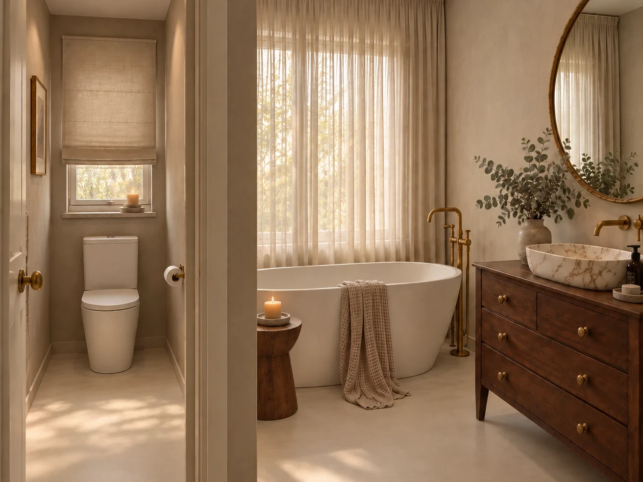 The Vision: warm limewashed walls, a freestanding bath under sheer linen, a timber vanity with a marble basin, a round brass mirror and brass tapware